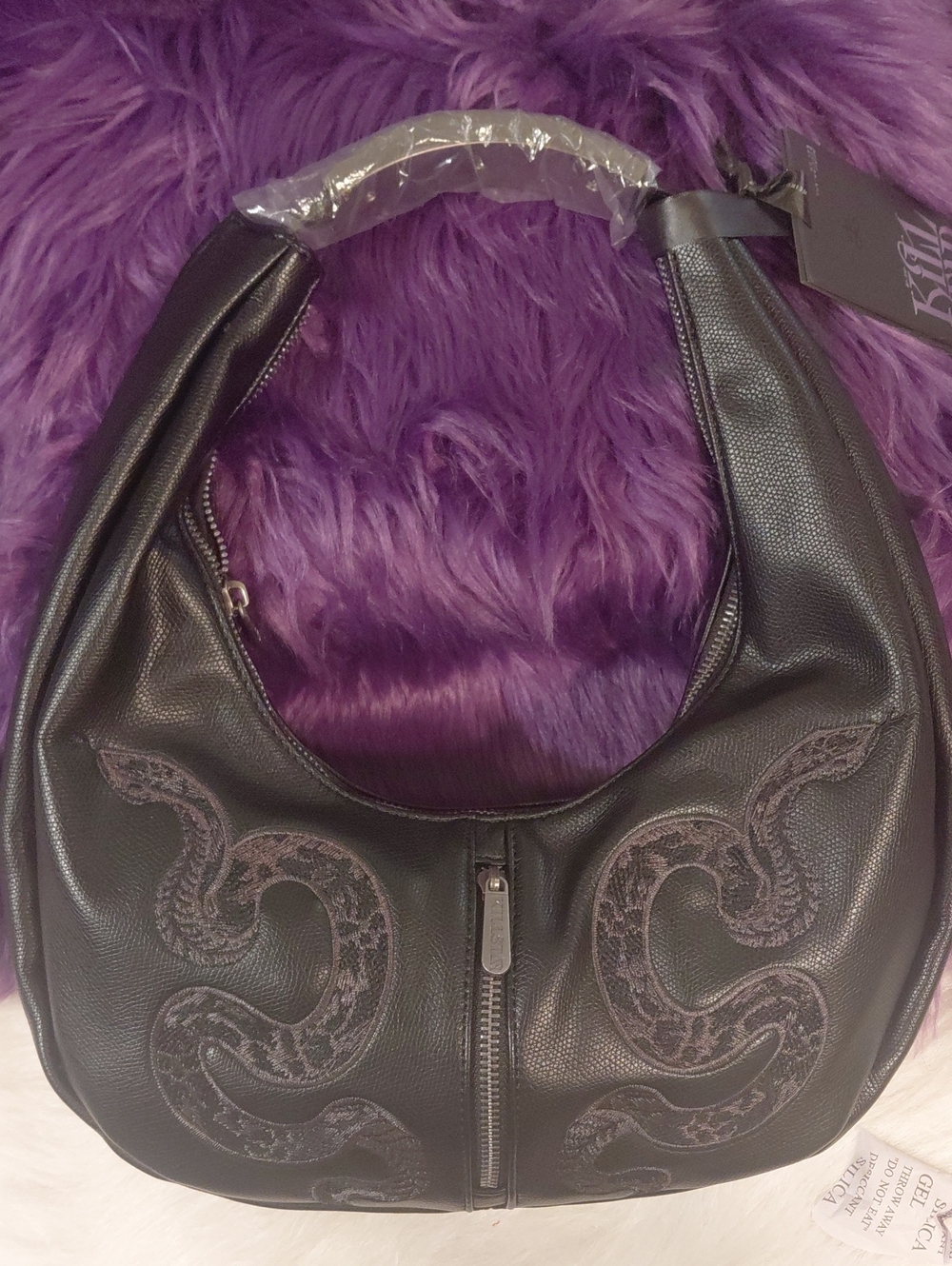 KILLSTAR Black Hobo Bag with Embroidered Snake Motif